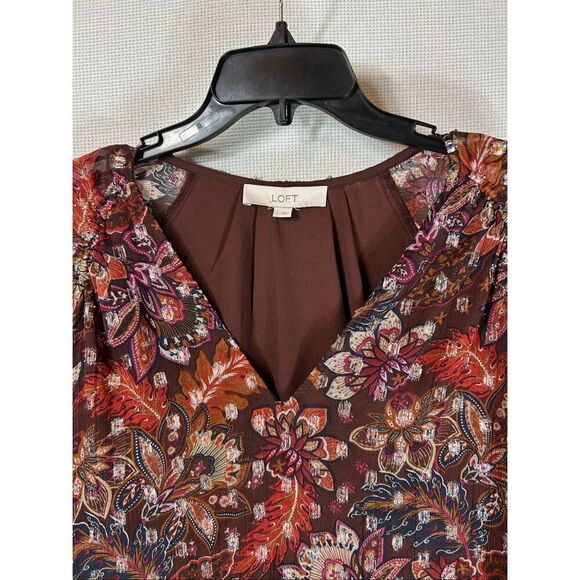 LOFT Metallic Floral Blouse Brown Red Sheer Boho Fall Top Long Sleeve Lined L - Picture 4 of 16